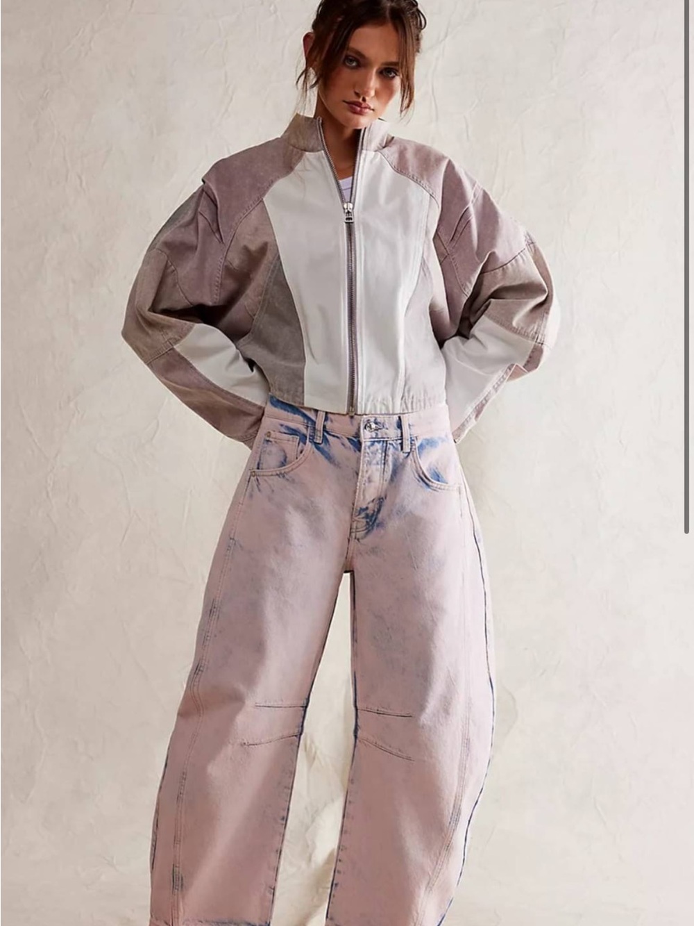 We The Free Pastel Pink Wide-Leg Jeans with Blue Accents